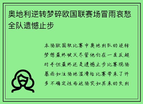奥地利逆转梦碎欧国联赛场冒雨哀愁全队遗憾止步
