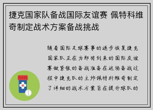 捷克国家队备战国际友谊赛 佩特科维奇制定战术方案备战挑战
