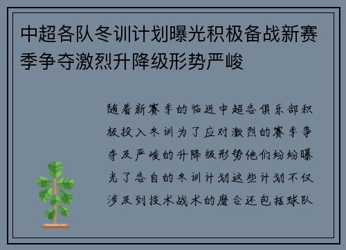 中超各队冬训计划曝光积极备战新赛季争夺激烈升降级形势严峻