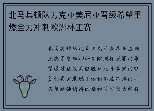 北马其顿队力克亚美尼亚晋级希望重燃全力冲刺欧洲杯正赛