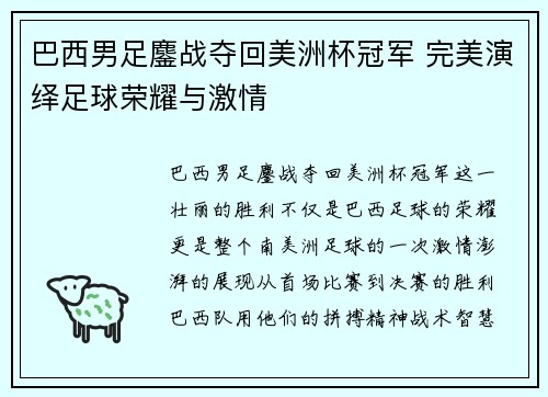 巴西男足鏖战夺回美洲杯冠军 完美演绎足球荣耀与激情