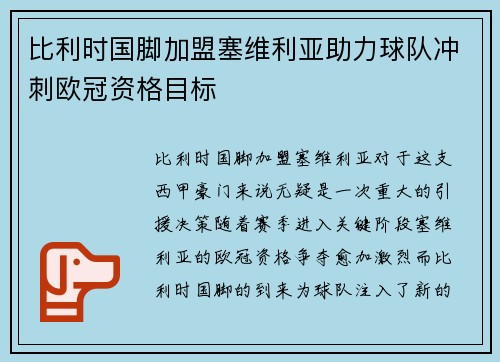 比利时国脚加盟塞维利亚助力球队冲刺欧冠资格目标