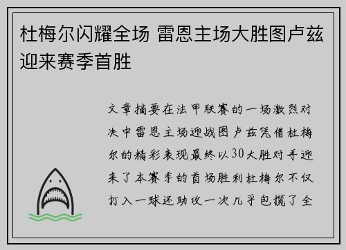 杜梅尔闪耀全场 雷恩主场大胜图卢兹迎来赛季首胜